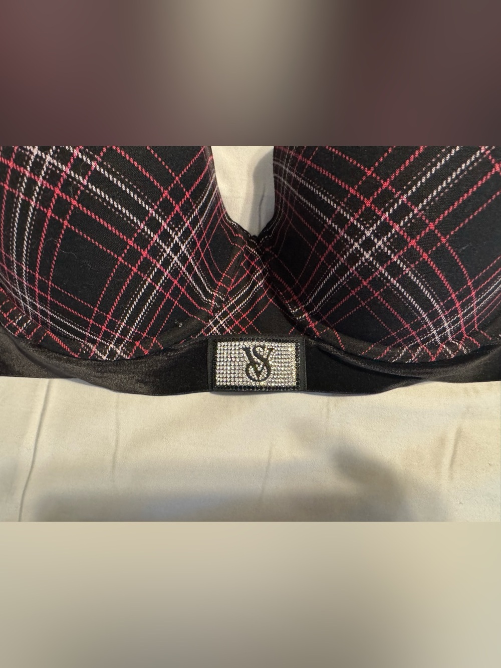Victoria's Secret Black Plaid Bra with Pink and White Accents and Rhinestone VS